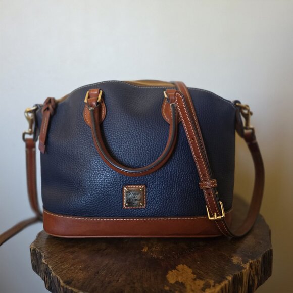 Dooney & Bourke Pebble Grain Darcy Domed Satchel Crossbody Navy Tan Leather - Picture 7 of 16